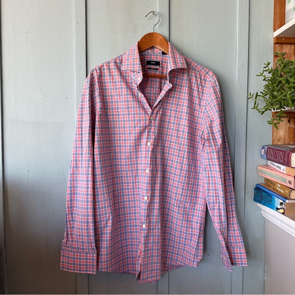 283-Hugo Boss Red and Blue Checkered Casual Button Down Shirt
